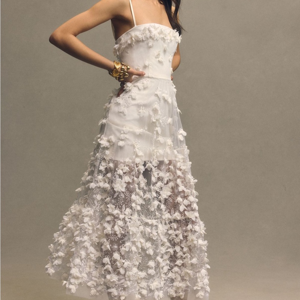 White Floral Appliqué Spaghetti Strap Wedding Dress Anthropologie Helsi Brand